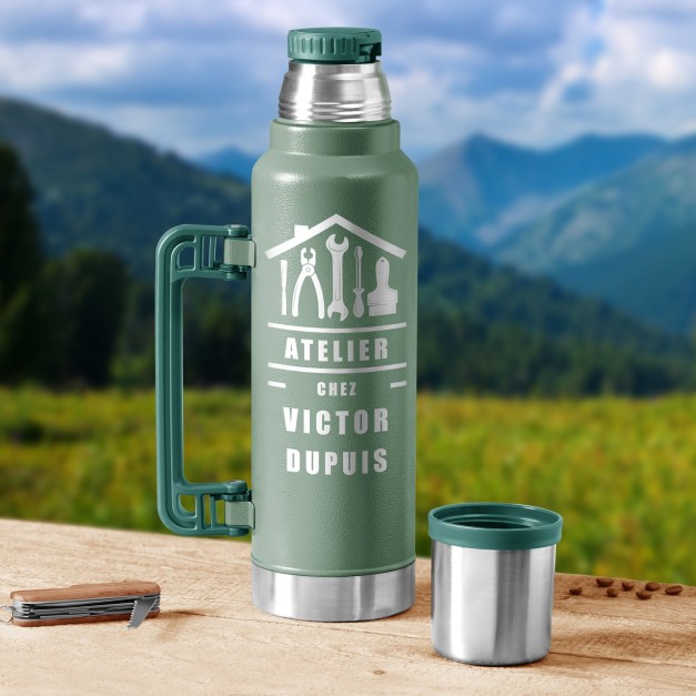 Thermos vert personnalisé pour l'anniversaire d'un bricoleur