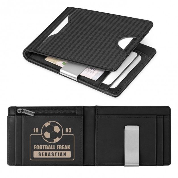 Portefeuille Slim en cuir noir carbone personnalisé pour l'anniversaire d'un fan de foot