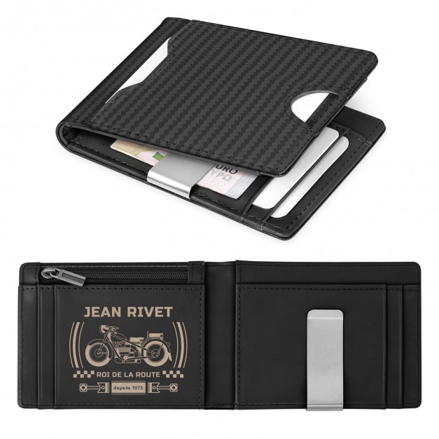 Portefeuille Slim en cuir noir carbone personnalisé pour l'anniversaire d'un roi de la route