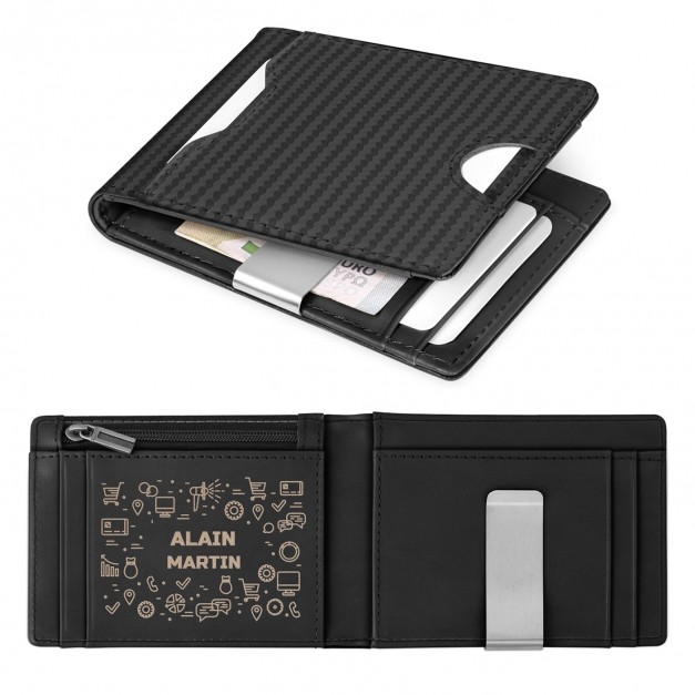 Portefeuille Slim en cuir noir carbone avec gravure pour l'anniversaire d'un bricoleur