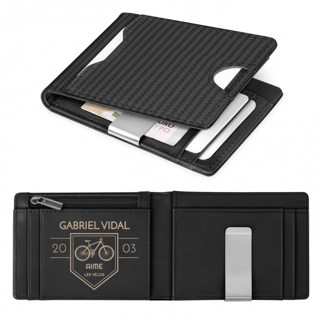 Portefeuille Slim en cuir noir carbone personnalisé pour l'anniversaire d'un cycliste