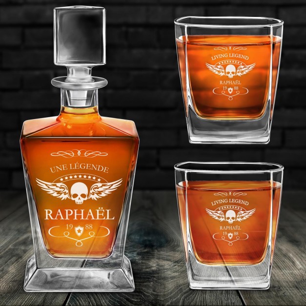Carafe à whisky Pyramid et 2 verres avec gravure pour motard pour anniversaire