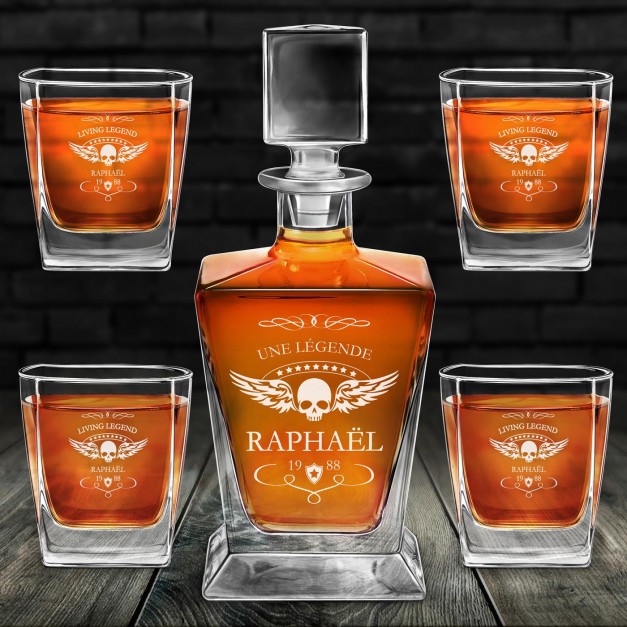 Carafe à whisky Pyramid et 4 verres avec gravure pour motard pour anniversaire