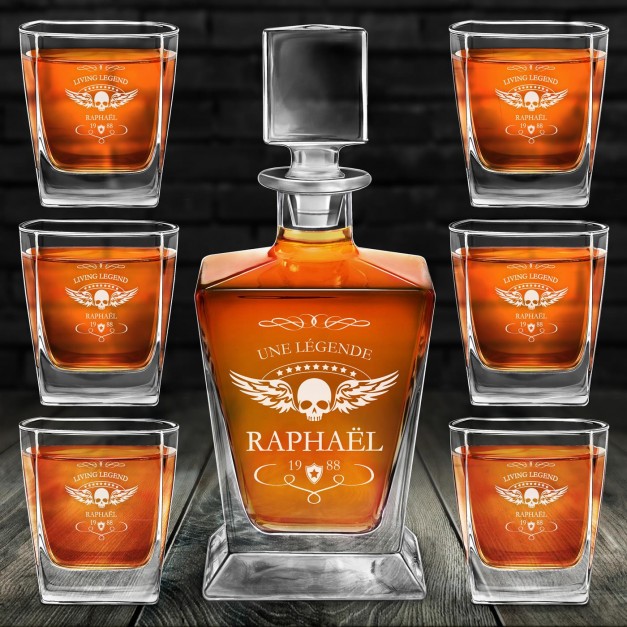 Carafe à whisky Pyramid et 6 verres avec gravure pour motard pour anniversaire