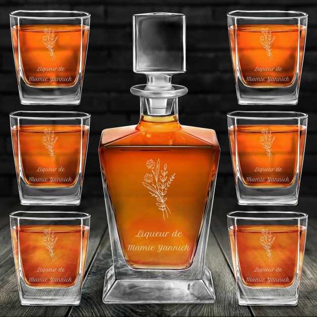 Carafe à whisky Pyramid et 6 verres avec gravure pour grand-mère
