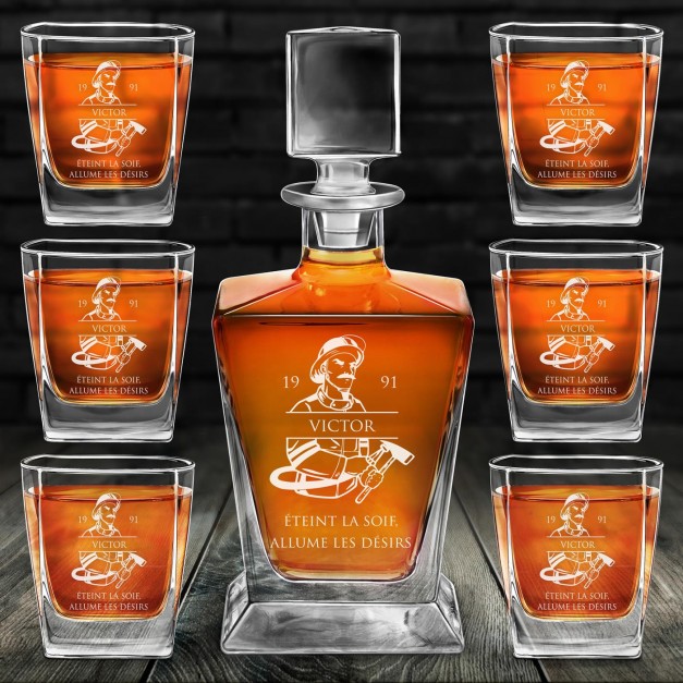 Carafe à whisky Pyramid et 6 verres avec gravure pour pompiers