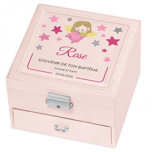 Coffret à bijoux rose avec impression pour une petite-fille pour son baptême
