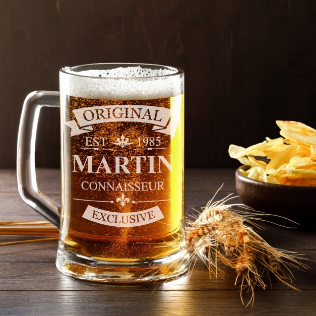 Chope en verre à bière avec gravure pour connaisseur