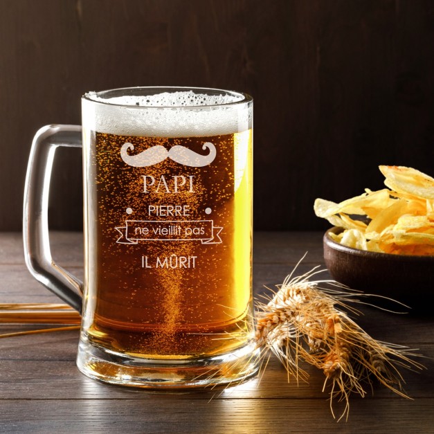 Chope en verre à bière avec gravure pour papi