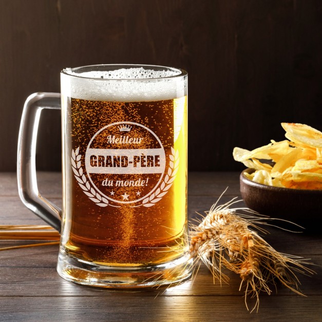 Chope en verre à bière avec gravure pour pépé