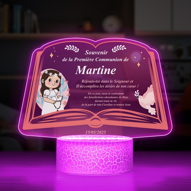 Lampe LED 3D avec impression première communion pour elle