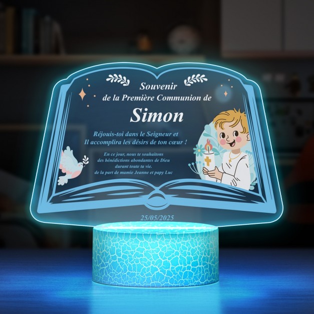 Lampe LED 3D avec impression première communion pour lui