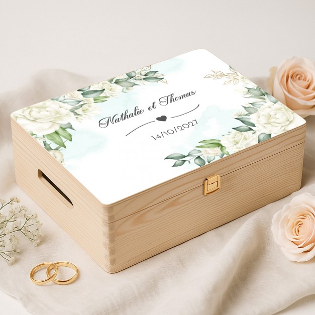 Boîte à souvenirs en bois de pin avec impression pour jeunes mariés