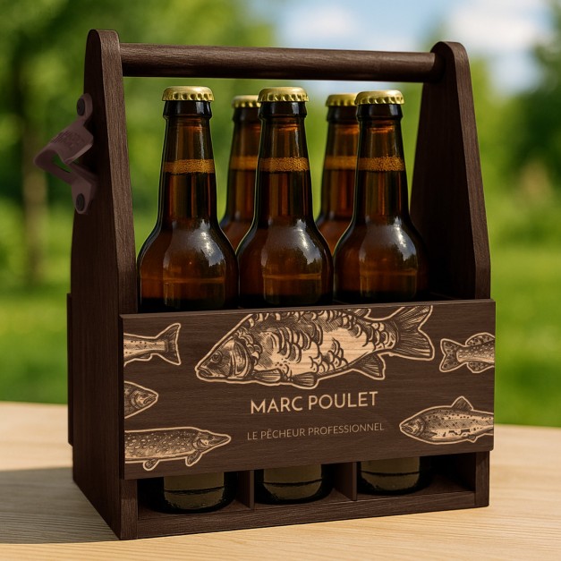 Porte-bière en bois avec gravure pour pêcheur
