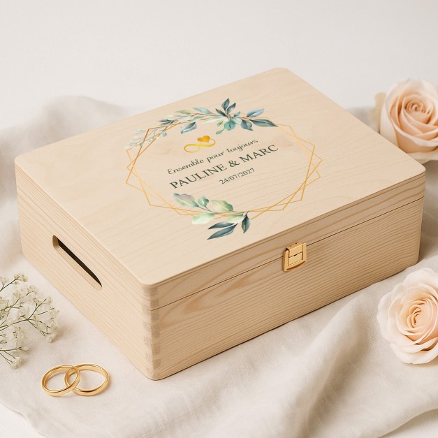 Boîte à souvenirs créative en bois de pin avec impression pour mariés