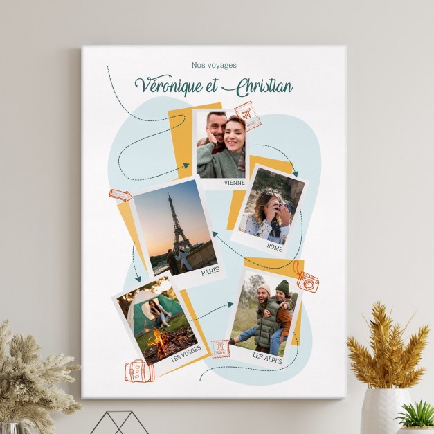 Collage photo sur toile personnalisée pour un couple de voyageurs