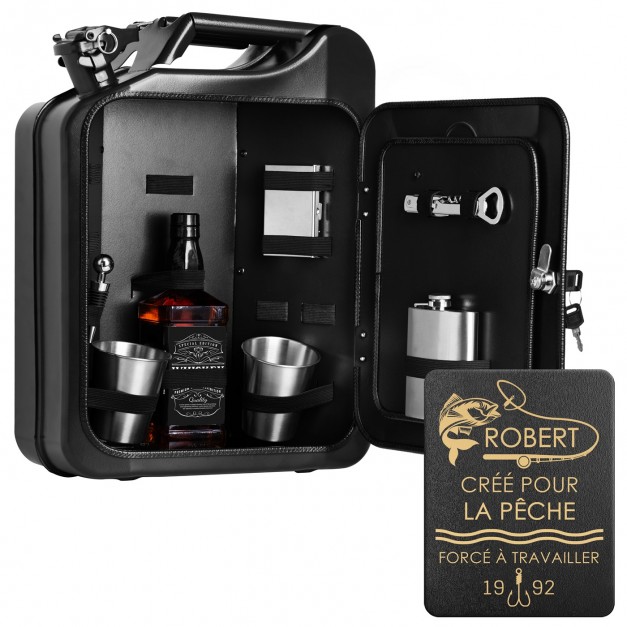 Jerrycan Mini Bar avec accessoires et gravure pour cousin pêcheur