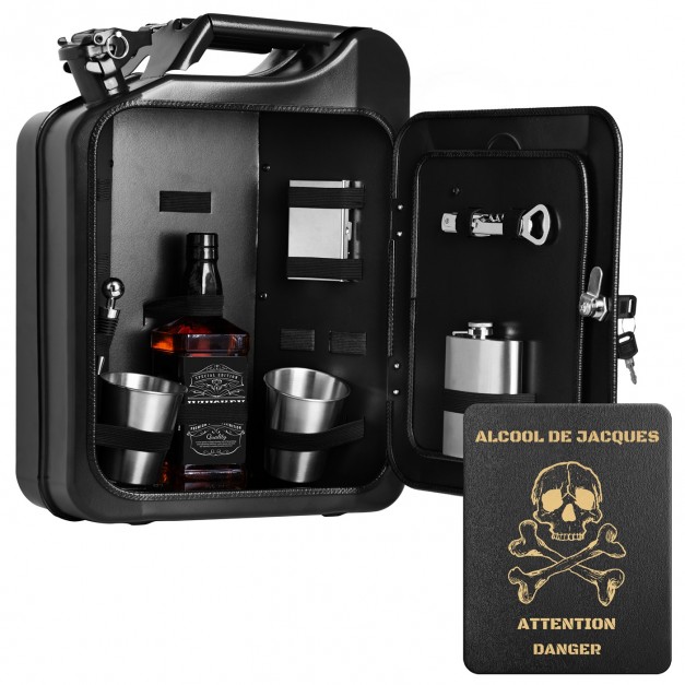 Jerrycan Mini Bar avec accessoires et gravure pour homme garde du corps