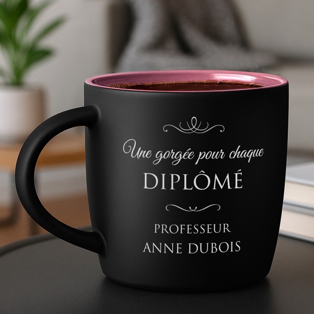 Tasse en céramique noire mate et fond rose avec gravure pour un professeur pour la fin de l'année