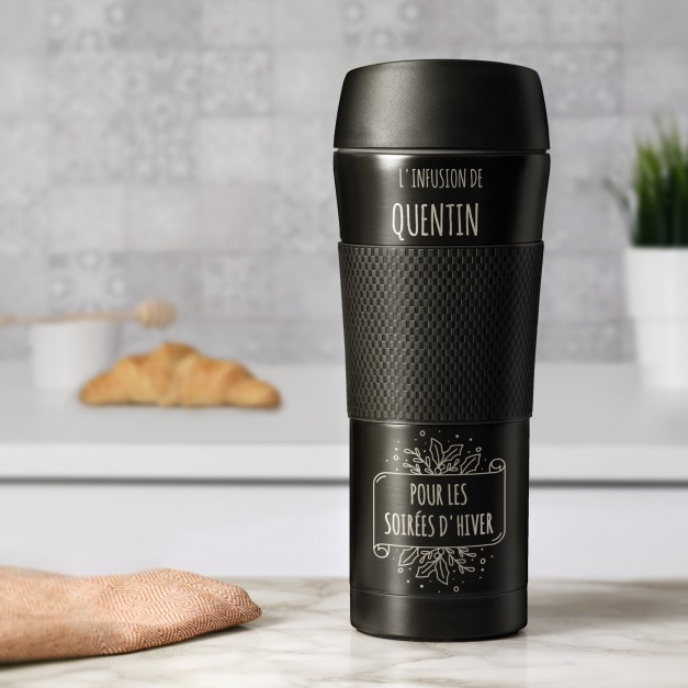 Mug isotherme noir avec revêtement antidérapant et gravure pour un homme pour les fêtes de fin d'année