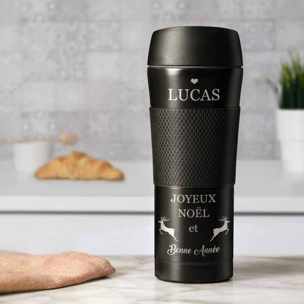 Bouteille isotherme noire personnalisée avec revêtement antidérapant pour un mari pour Noël