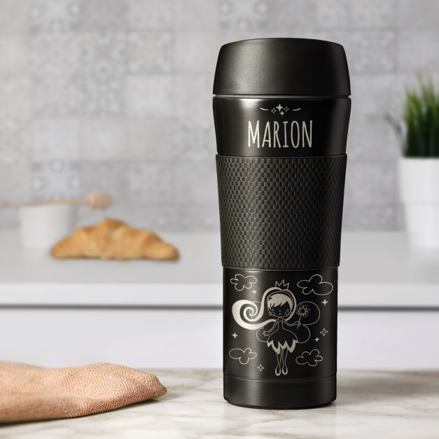 Mug isotherme noir avec revêtement antidérapant et gravure pour une fille pour la Saint-Nicolas