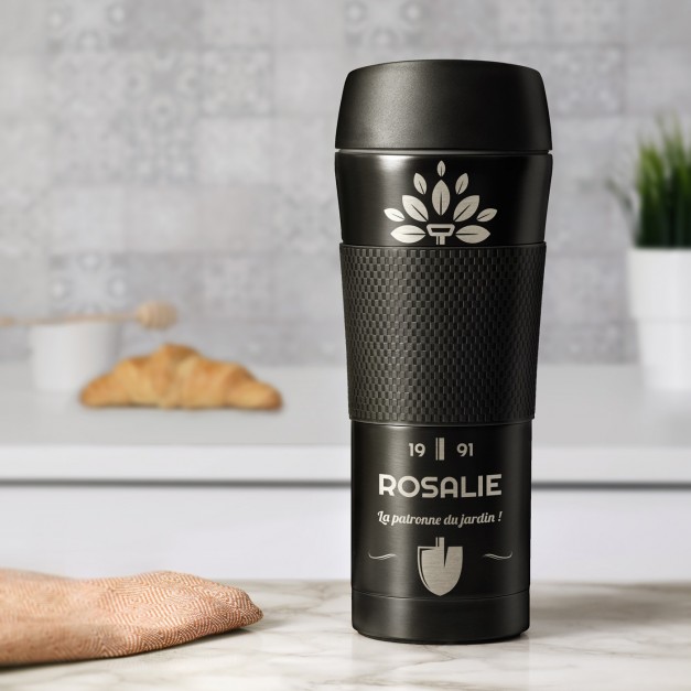Bouteille isotherme noire avec revêtement antidérapant et gravure pour la fête des grands-mères