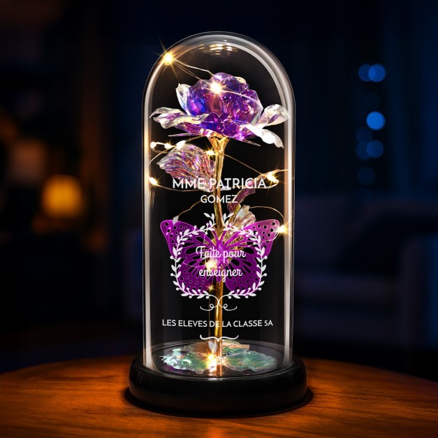 Rose éternelle violette personnalisée sous cloche en verre avec lumière LED pour une enseignante pour la fin de l'année