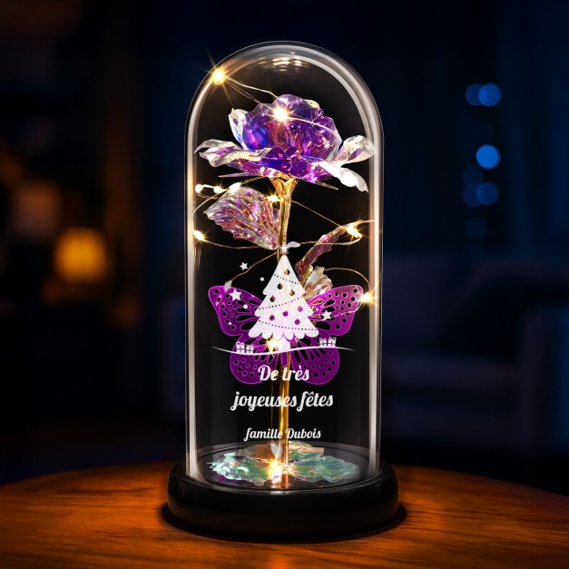 Rose éternelle violette sous cloche en verre avec gravure et lumière LED pour un couple pour Noël