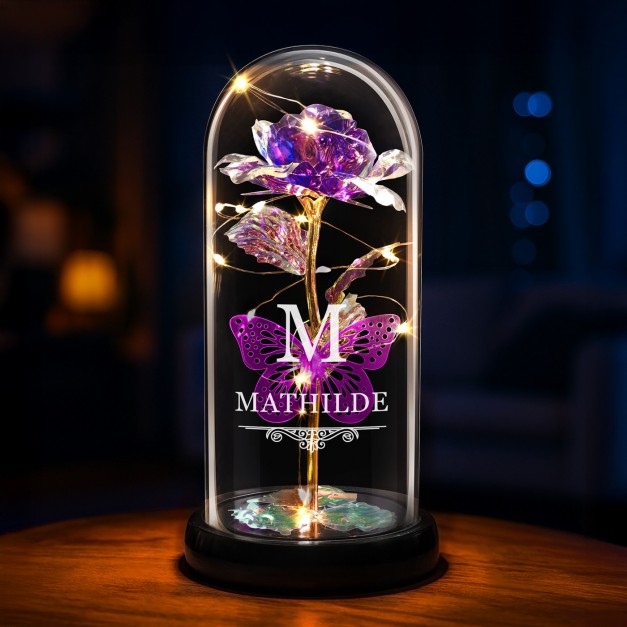 Rose éternelle violette sous cloche en verre avec gravure et lumière LED pour l'anniversaire d'une femme