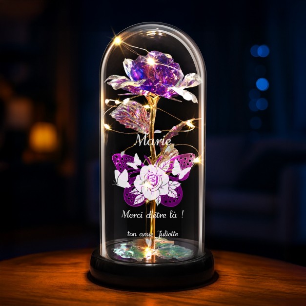 Rose éternelle violette personnalisée sous cloche en verre avec lumière LED pour l'anniversaire d'une amie