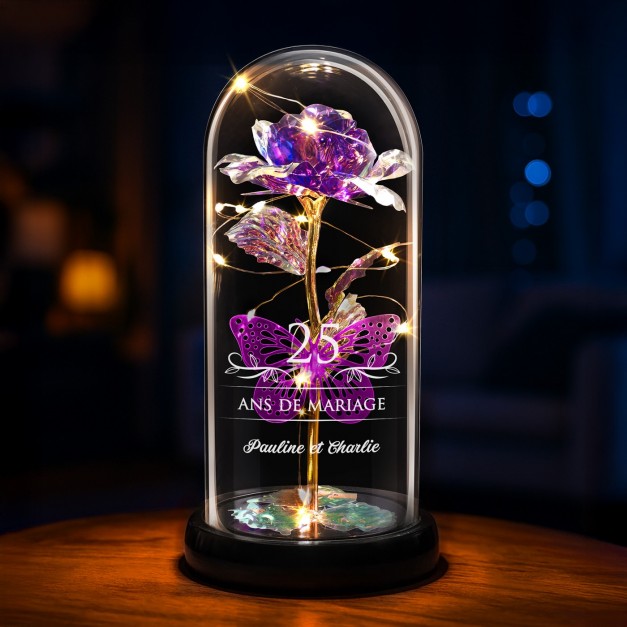 Rose éternelle violette sous cloche en verre avec gravure et lumière LED pour un couple pour 25 ans de mariage