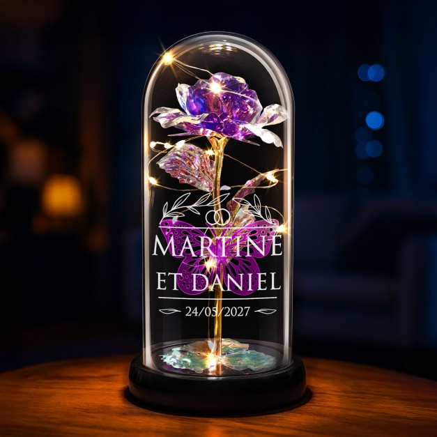 Rose éternelle violette personnalisée sous cloche en verre avec lumière LED pour un couple pour mariage