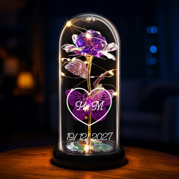 Rose éternelle violette sous cloche en verre avec gravure et lumière LED pour elle et pour lui pour l'anniversaire de mariage
