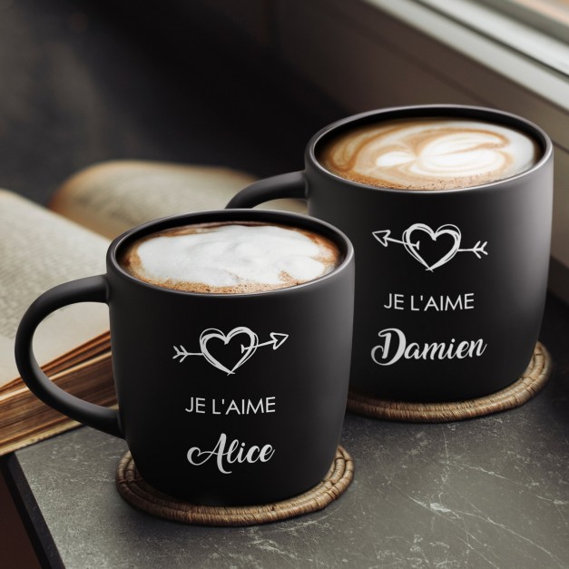 Ensemble de 2 tasses noires en céramique avec gravure pour couple elle et lui couple mariage