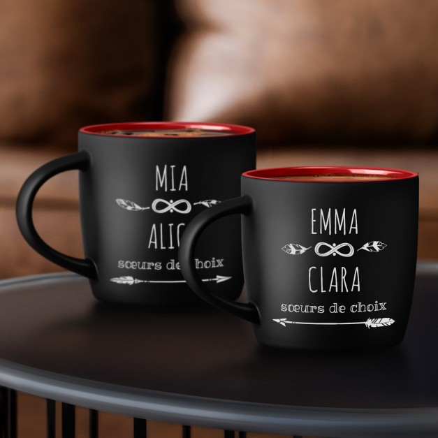 Set de 2 tasses noires et fond rouge en céramique avec personnalisation pour amie soeur