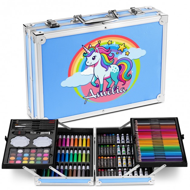 Mallette de coloriage personnalisée bleue avec Licorne pour une fille pour la Saint-Nicolas