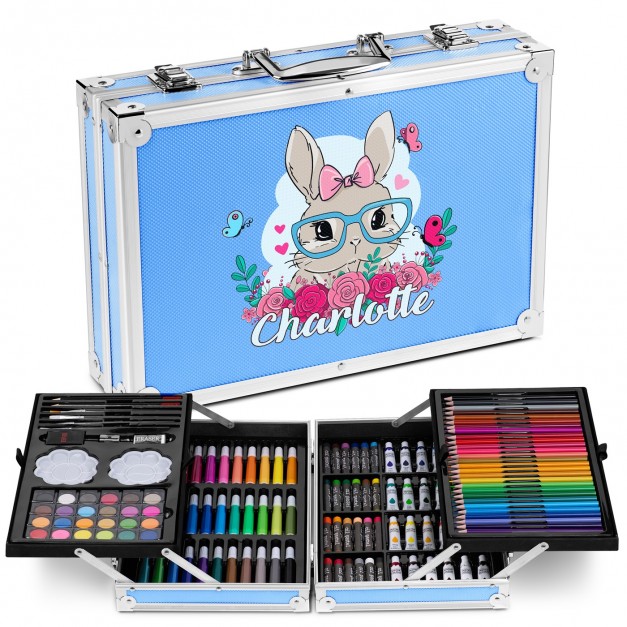 Mallette de coloriage personnalisée bleue pour l'anniversaire d'une petite fille