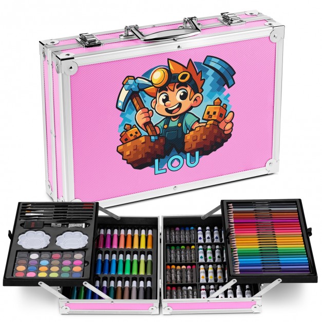 Mallette de coloriage personnalisée rose avec Minecraft pour l'anniversaire d'une fille
