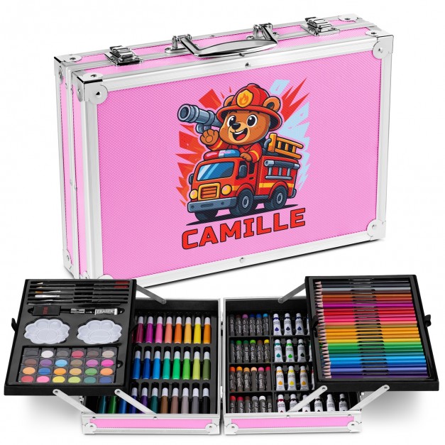 Mallette de coloriage personnalisée rose avec pompier pour une petite-fille pour la Saint-Nicolas