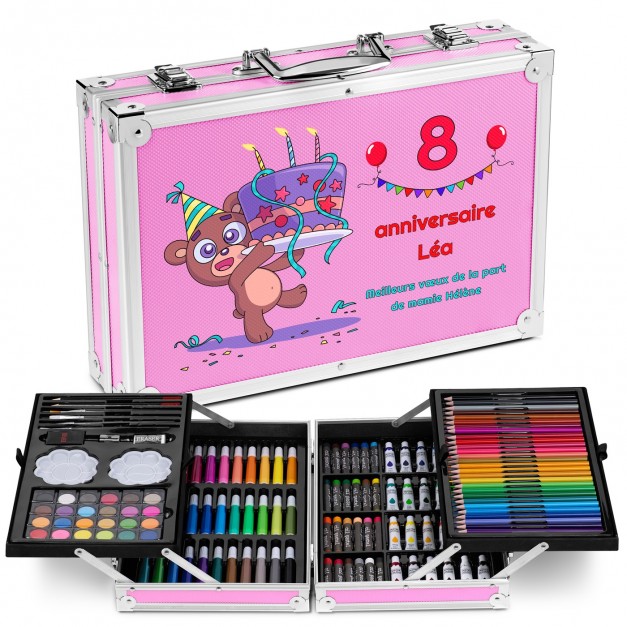 Mallette de coloriage personnalisée rose pour le 8e anniversaire d'une petite-fille