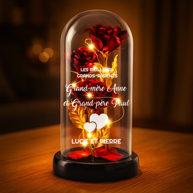 Rose éternelle rouge personnalisée sous cloche en verre avec lumière LED pour des grands-parents