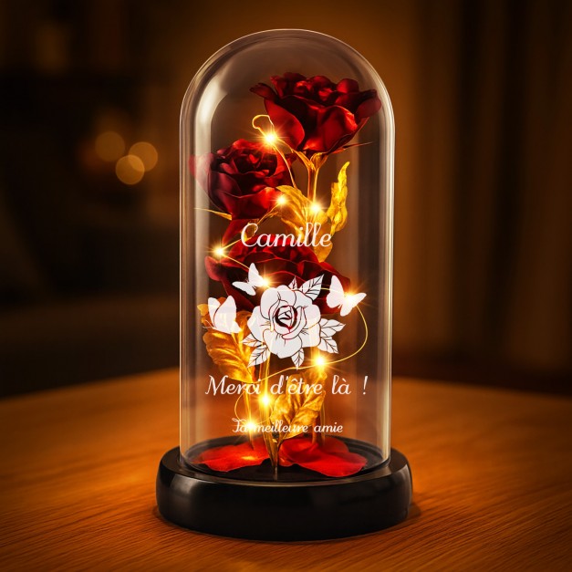 Rose éternelle rouge personnalisée sous cloche en verre avec lumière LED pour l'anniversaire d'une amie