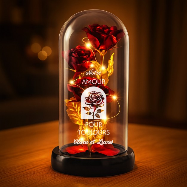 Rose éternelle rouge personnalisée sous cloche en verre avec lumière LED pour une épouse pour l'anniversaire de mariage