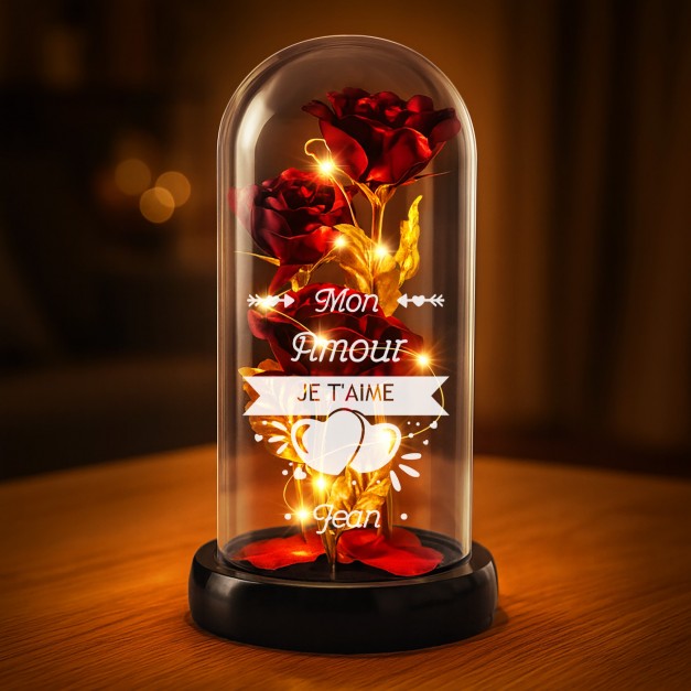 Rose éternelle rouge personnalisée sous cloche en verre avec lumière LED pour une épouse pour la Saint-Valentin