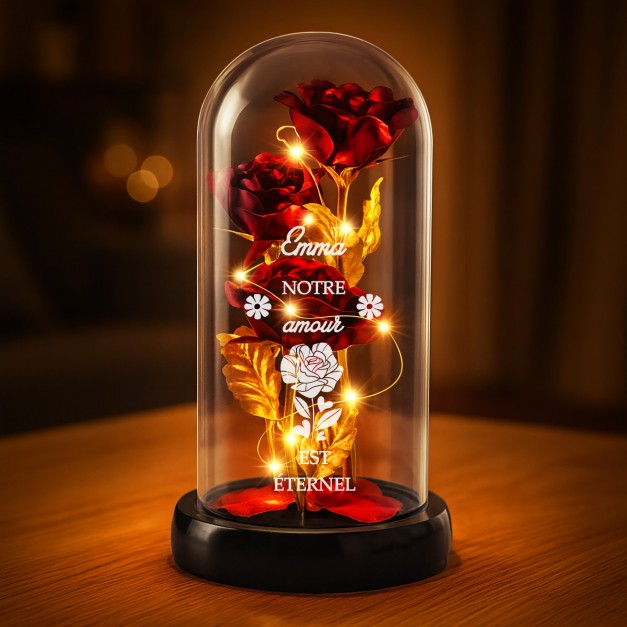 Rose éternelle rouge personnalisée sous cloche en verre avec lumière LED pour elle pour la Saint-Valentin