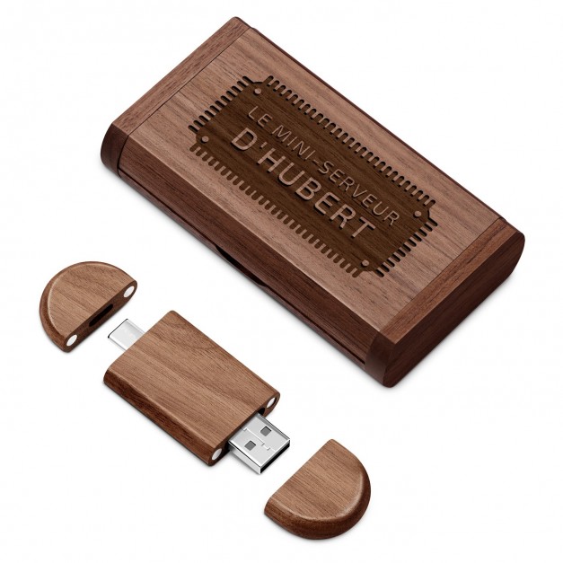 Clé USB en bois personnalisée 64 Go dans une boîte magnétique pour l'anniversaire d'un ami informaticien