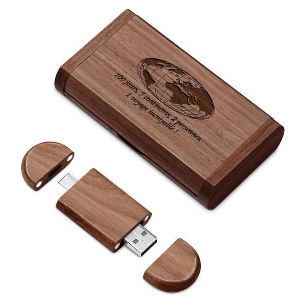 Clé USB en bois personnalisée 64 Go dans une boîte magnétique pour un ami passionné de voyage pour la Saint-Valentin