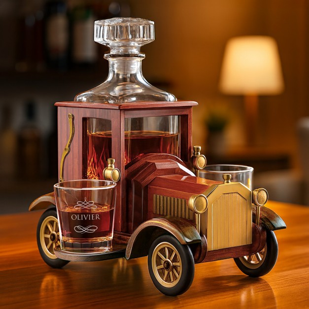 Carafe dans une voiture en bois avec 2 verres personnalisés pour un mari pour l'anniversaire de mariage