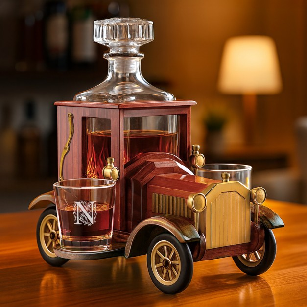 Carafe dans une voiture en bois avec 2 verres avec gravure pour l'anniversaire d'un gentleman